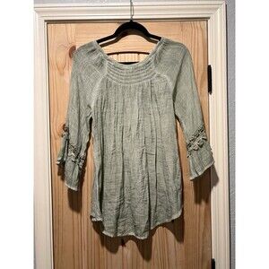 Spense Boho Top Womens Size Medium Green Boho Sleeve Peasant Smocked Top NWOT